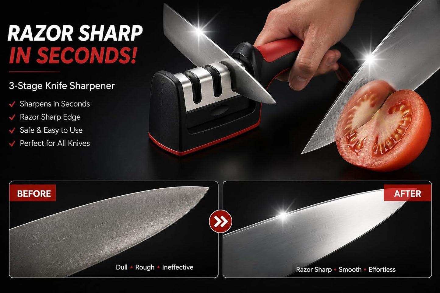 Ergonomic 3-Stage Kitchen Knife Sharpener with Non-Slip Base