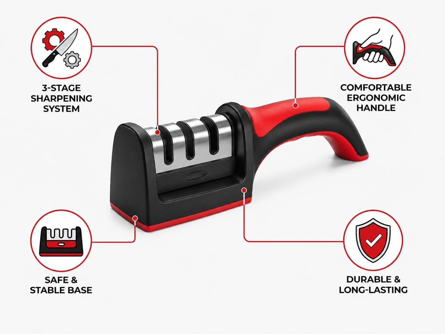 3-Stage Manual Knife Sharpener | Ergonomic Non-Slip Handle for Kitchen Knives & Steel Blades