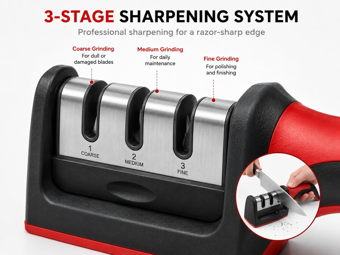 3-Stage Manual Knife Sharpener | Ergonomic Non-Slip Handle for Kitchen Knives & Steel Blades