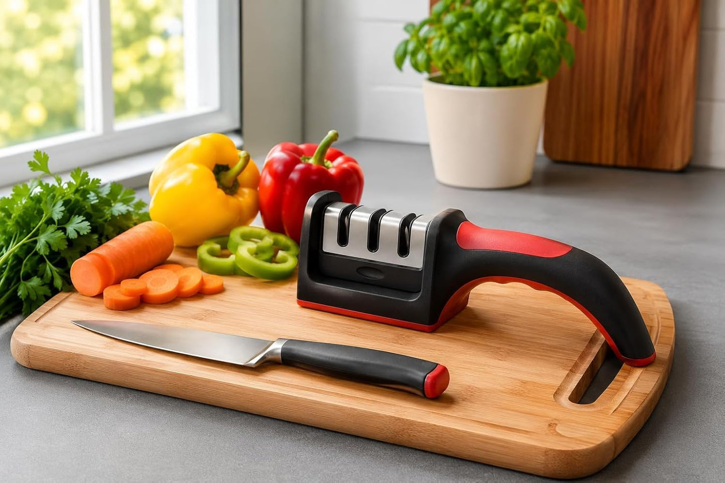 3-Stage Manual Knife Sharpener | Ergonomic Non-Slip Handle for Kitchen Knives & Steel Blades